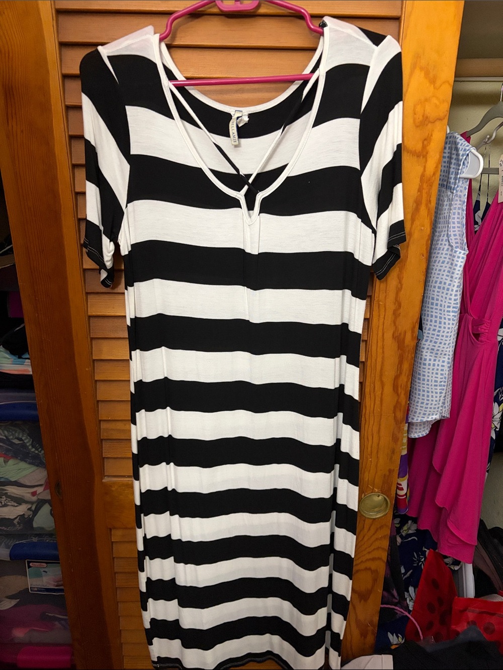 Bellamie Black & White Striped Midi Dress with Front Tie
